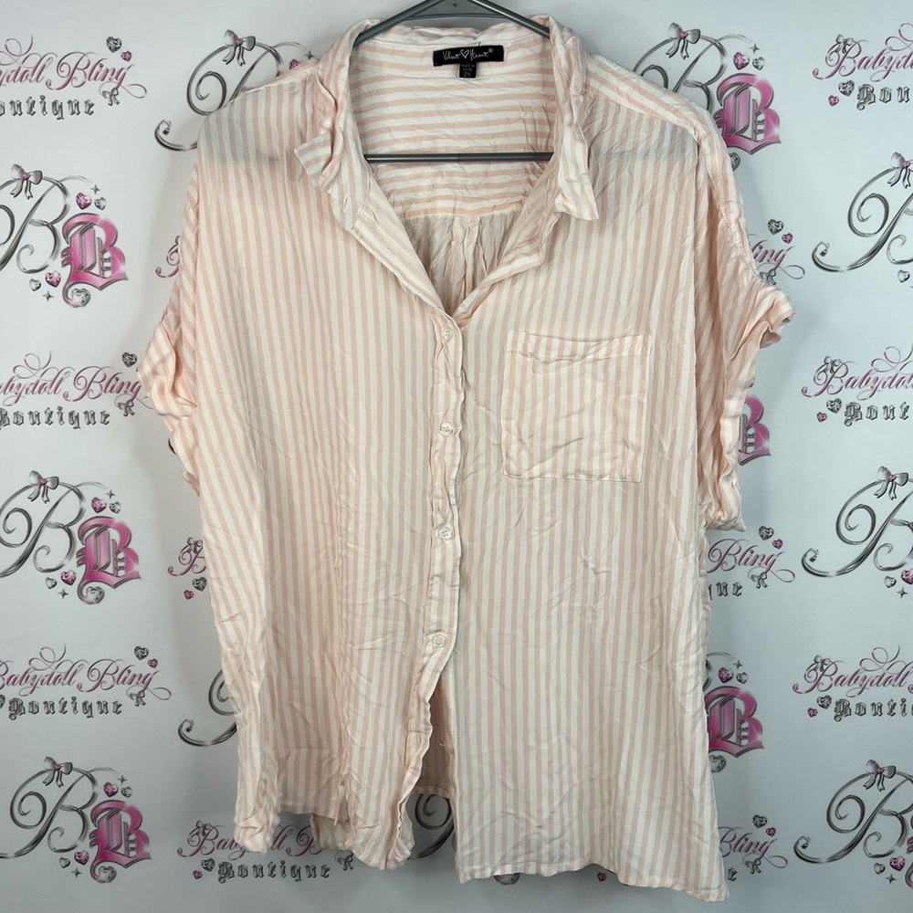 Velvet Heart Tshirt button up white Pink Striped Blouse pin stripe pockets